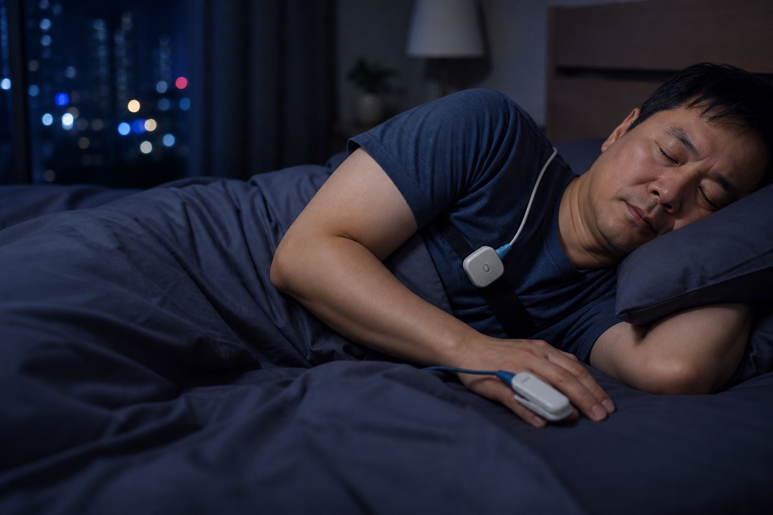 華人男士進行居家睡眠監測：胸帶感應器與手指血氧夾