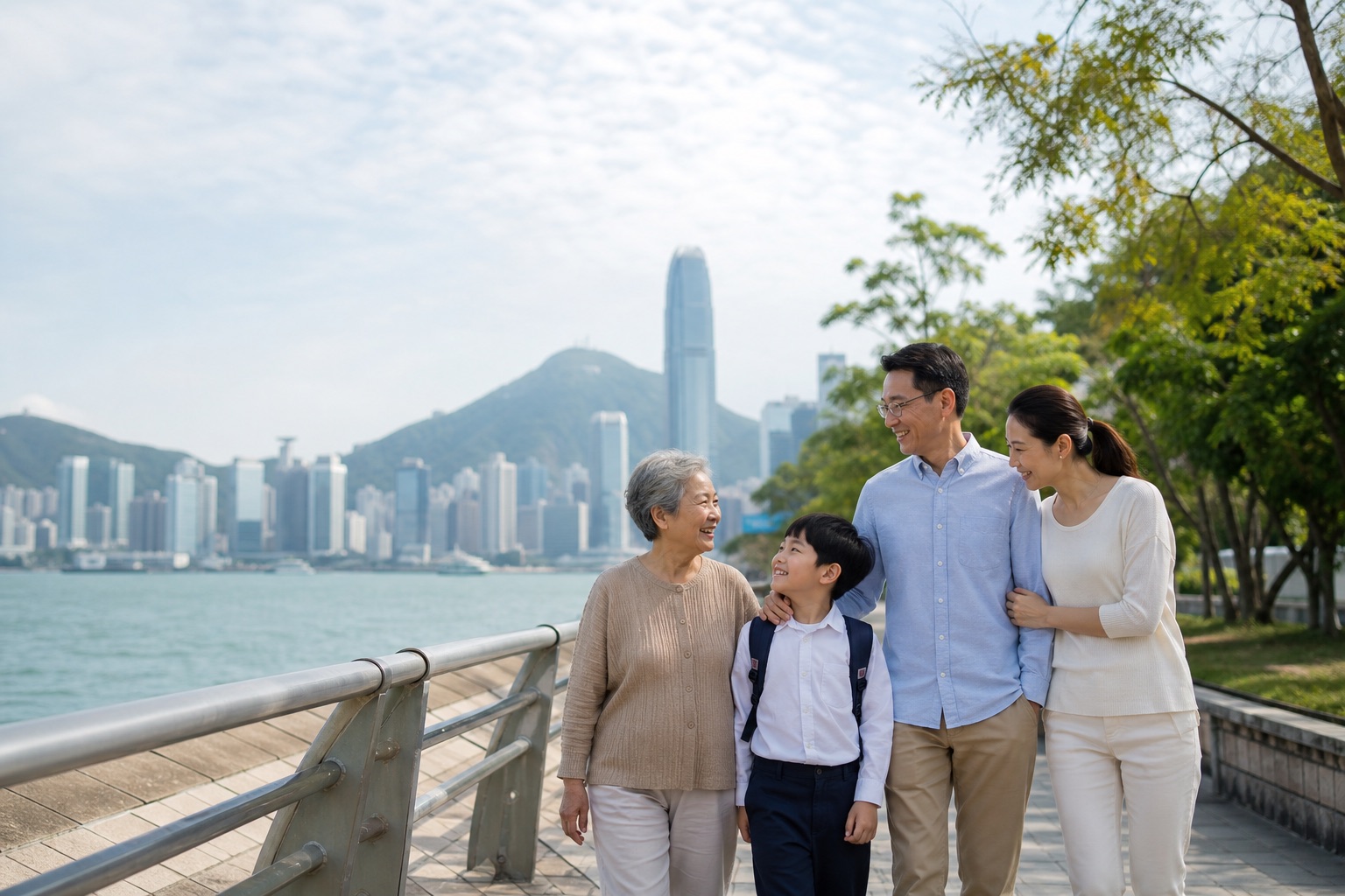 華人三代家庭在香港維港海旁散步